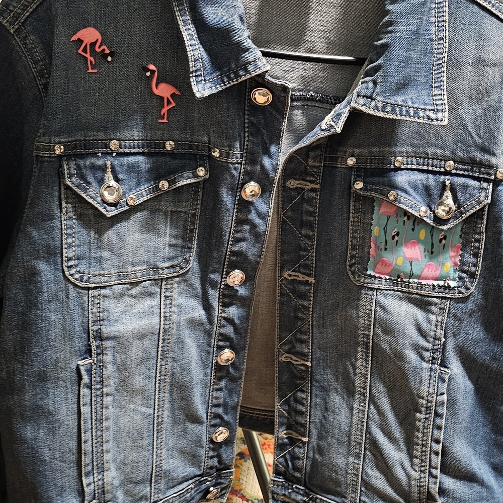 Denim Jacket with Flamingo Accents
